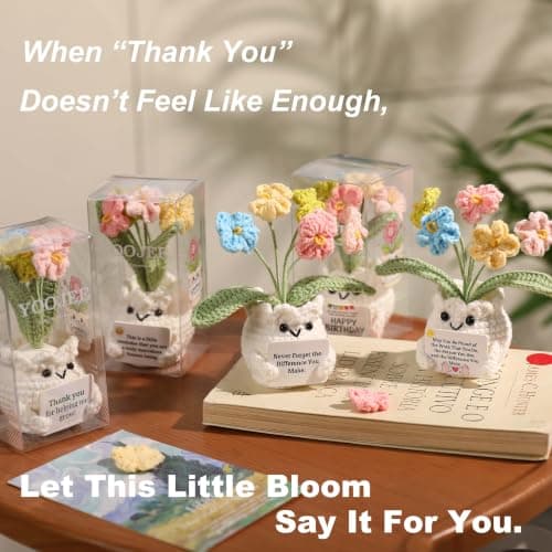 Cute Gifts for Women, Boss Day, Teacher Appreciation, Coworker & Nurse Thank You Gift, Desk Decor, 4.7 In H × 2.4 In W Forget-Me-Not Crochet Flower Potted Plant Gift B0F26ST99P