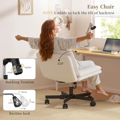 DurayLoly Criss Cross Chair with Wheels, Cross Legged Office Chair, Armless Wide Vanity Desk Chair with 2 Layer Scratch-Resistant Pu Leather Swivel for Home Office Bedroom,Beige