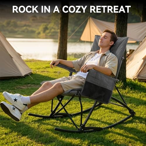 Huskfirm Oversized Rocking Camping Chair Folding Rocking Chair with High Back Padded Outdoor Rocking Chair Heavy Duty Portable Rocker Chair for Camping, Lawn and Patio, Supports Up to 400 lbs, Grey