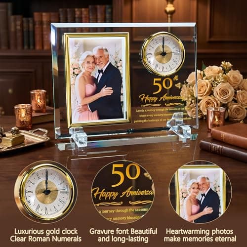 Dxaeqr 50th Wedding Anniversary Keepsake for Couples, Crystal Glass Photo Frame Clock, Golden Anniversary Present for Parents Grandparents Wife Husband, Holds 4x6 Photo B0G6WN24TD