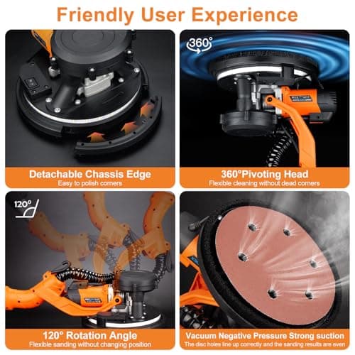 Drywall Sander, 1000W Popcorn Ceiling Removal Tool, Automatic Drywall Sander with Vacuum Dust Collection, LED Light, 6 Variable Speed 800-2200RPM, Foldable & Extendable Handle,15Pcs Sanding Discs