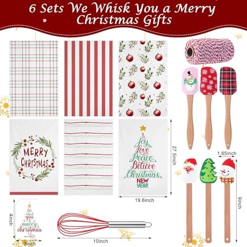 Mimorou 6 Sets Christmas Whisks Kitchen Gifts Stainless Steel Whisks Silicone Spatulas Towels Greeting Cards Rope for Neighbor Employee Baking Gift Xmas Cooking Supplies