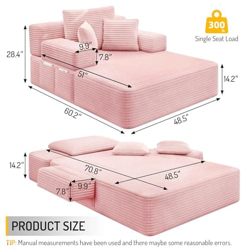 2 in 1 Corduroy Chaise Lounge Chair Indoor, 60'' Oversized Boneless Sofa Chaise Lounge with Pocket, Plush Cozy Deep Seat Couch Chair for Living Room, Bedroom, Small Spaces, RV (Pink)