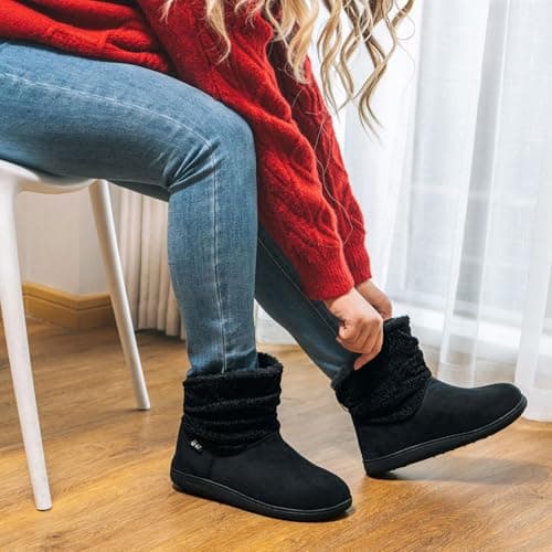 LongBay Women's Warm Chenille Knit Bootie Slippers Memory Foam Comfy Suede Fluffy Faux Fur Boots House Shoes