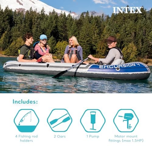 Intex Excursion 5 Person Inflatable Outdoor Fishing Raft Boat Set with 2 Aluminum Oars and Air Pump with a Intex Composite Motor Mount Kit
