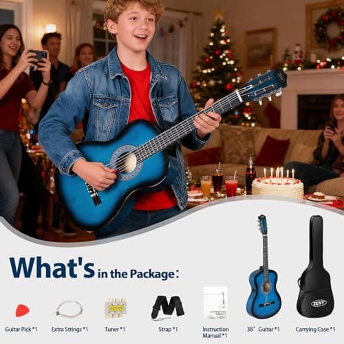 ZENY 38 inch Acoustic Guitar Full Size Beginners Package Kit for Right-handed Starters Kids Music Lovers w/Case, Strap, Pitch Pipe and Pick (Blue)
