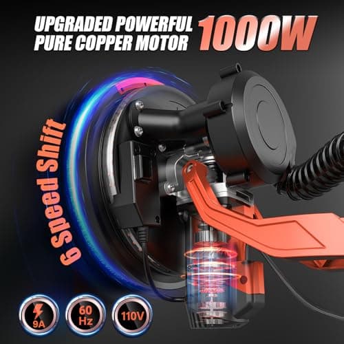 1000W Drywall Sander, Electric Drywall Sander, Popcorn Ceiling Removal Tool with Vacuum Dust Collection, 6 Variable Speed, Foldable Telescopic Handle