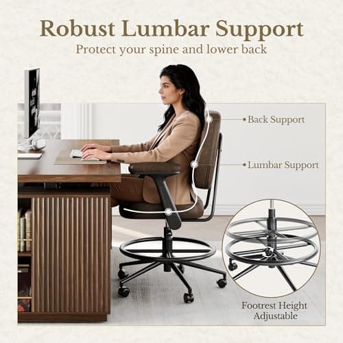 Drafting Executive Chair, Tall Office Chair with Padded Flip-Up Armrests, Mid-Back Cushioned Seat, 360° Swivel Rolling Computer Desk Chair for Standing Desk & Home Office, Vintage Brown