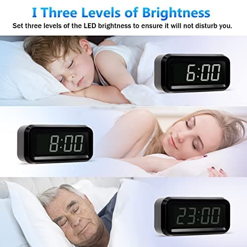 Timegyro Digital Alarm Clock Battery Operated with LED Display for Bedrooms, Long Battery Life for 12 Months, 3 Brightness Adjustable, 12/24 Hour, Snooze, Black Case with White Digits