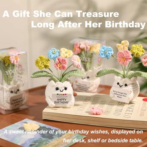 Happy Birthday Message Card, Cute Colorful Handmade Keepsake, Gift for Her, Mom, Best Friend, Sister, Coworker, 4.7 × 2.4 In Crochet Forget Me Not Flower Pot Birthday Gifts for Women B0GXV6J1ZG