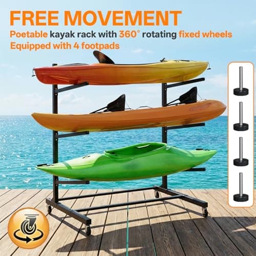 Kayak Storage Rack with Wheel, Adjustable Kayak Racks, Carbon Steel Water Sport Watercraft Storage Rack for Canoes or Surfboards