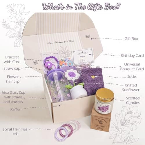 Birthday Gifts for Women Teen Girls, Unique Happy Birthday Gift Baskets for Her Mom, Thank You Self Care Get Well Box Set, Cute Teenage Cup Present for Mother Friend Sister Teacher Coworker (Purple) B0FRSG6VRQ