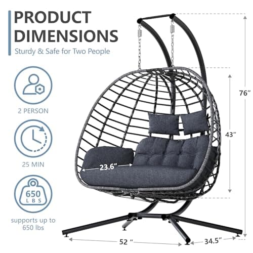 SWITTE Double Egg Swing Chair with Stand, Outdoor Patio 2 Person Hanging Wicker Hammock Chairs with Cushion for Indoor Bedroom, Lawn, Garden-Dark Grey