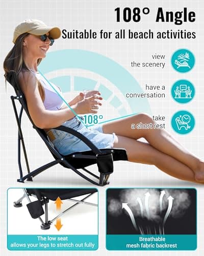 KingCamp Low Beach Chair, High Back Folding Camping Chair for Adults, Oversized Breathable Mesh Seat, 300lbs Heavy Duty Portable Chair with Cup Holder & Storage Pockets for Beach, Outdoor