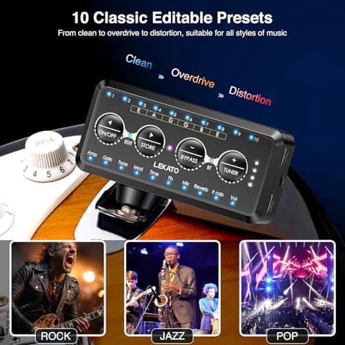 LEKATO Micro Guitar Headphone Amp Bass Guitar Headphone Amplifier with Multi Effects - Amp Models, IR Loading, Tuner, Rechargeable Electric Headphone Amplifier Delay Reverb Chorus Overdrive Portable