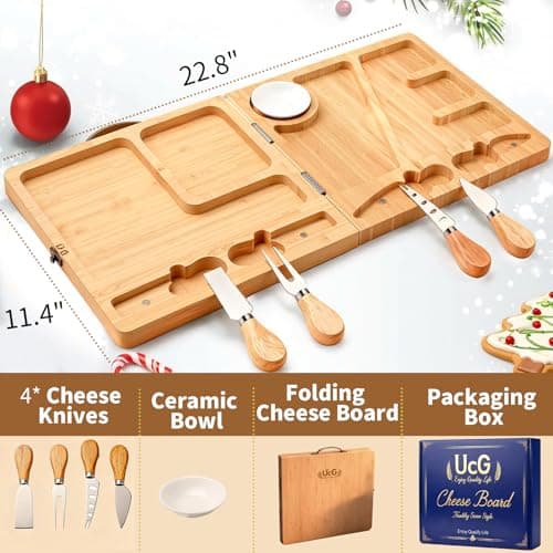Charcuterie Board Gifts for Women: Bamboo Folding Cheese Board with Knife Set - Unique White Elephant Gift, Birthday Party House Warming Gift for Housewife