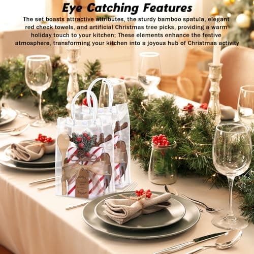 6 Set Christmas Kitchen Gifts Wood Cheese Board Fork Spoon Butter Spreaders Dish Cloth Thank You Card Ribbon and Gift Bags for Merry Christmas Cooking Serving Xmas Utensils Gifts (Reindeer)