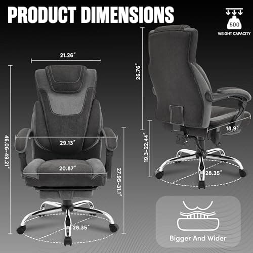 Massage Office Chair with Foot Rest,6-Point Vibration & Heat Executive Office Chairs,Ergonomic Computer Chair for Heavy People,Big and Tall Fabric Office Chair,Recliner with Padded Armrest,BlackGrey