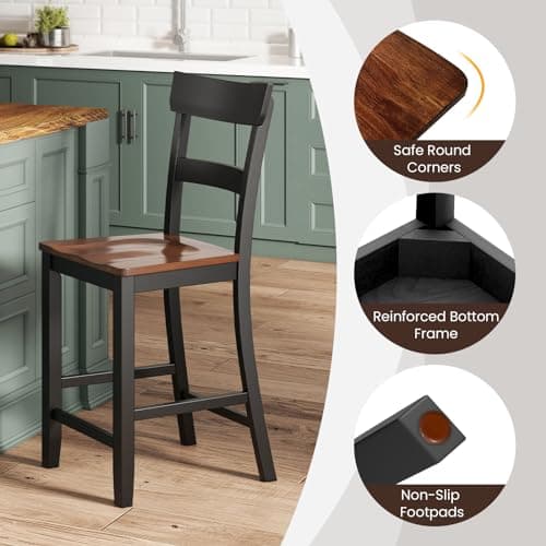 COSTWAY Counter Height Bar Stools Set of 4, 24'' Mid Century Modern Island Chairs with Rubber Wood Legs and High Backrest, Wooden Barstools for Home Kitchen, Dining Room, Bar, Restaurant (Black)