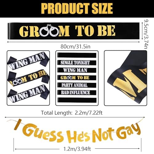 Men's Bachelor Party Decorations Kit with 1 Groom & 6 Groomsmen Belts, Gold Glitter Banner & Captain Hat for Bachelorette Party Supplies & Accessories