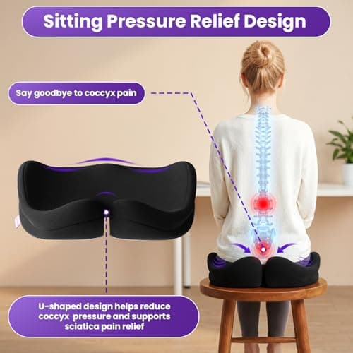ZZ-WELL Seat Cushions for Office Chairs - Patented Coccyx Cushion for Tailbone Pain - 21.2" W x 16.5" L Memory Foam Extra Large Seat Cushion, Removable & Machine Washable Cover (Black)