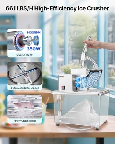 VEVOR Commercial Ice Crusher 661LBS/H, 350W Electric Snow Cone Machine with 4 Blades, 2000RPM Stainless Steel Shaved Ice Machine with 11 Gal Crushed-Ice Box, for Family Restaurants Bars, Silver