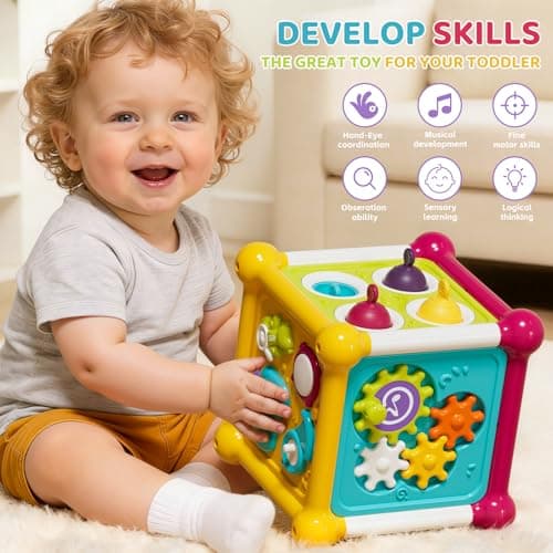 PANITU Baby Activity Cube, Cube Toys for Babies 6-12 Months, Toddler Music Busy Board with 4 Sensory Shape Blocks, 6-in-1 Educational Early Development Toy, Christmas, Birthday Gift for 1 Year Old