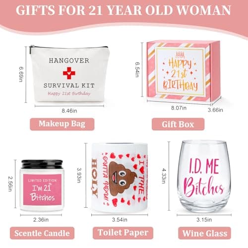 21st Birthday Gifts for Women Her Unique 21 Year Old Birthday Gifts for Female Her Funny Gift for 21 Year Old Female 21st Bday Decorations for Women - Wine Glass Toilet Paper Candle Makeup Bag B0CY1Z9QNV