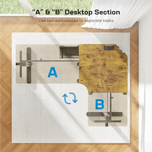HUANUO 63″ L-Shaped Standing Desk, Built-in Power Outlets, Electric Height Adjustable Corner Computer Desk, Large Power Strip Holder, Sit Stand Up Desk with 3 Preset Heights, Vintage Brown