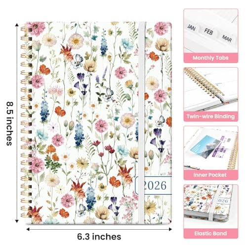 2026 Planner, Weekly and Monthly Calendar Planner for Women, Jan 2026 - Dec 2026, Hardcover Planning Agenda Book with Tabs, Spiral Bound, Inner Pocket, Perfect for School Office Supplies, 6.3" x 8.5" - Wildflowers
