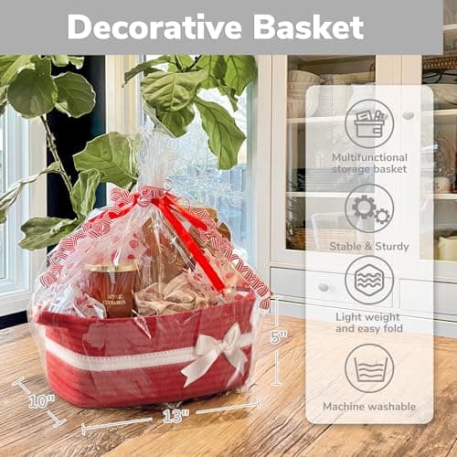 13" x 10" x 5" Storage Baskets for Toys & Baby Essentials, Fits Nursery & Bedroom Organization, Built-In Handles, Bow Design CHICVITA Small Woven Rope Gift Basket, Decorative Burr Basket, Red B0D7MKY1YJ