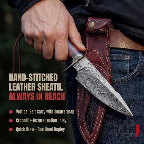 BIGCAT ROAR Predator Hunter - Patented Handmade Damascus Steel Fixed Blade Hunting Knife 10" - Walnut Wood Handle & Leather Sheath - Bushcraft Outdoor Skinning & Survival Knife - Collector Men Gifts