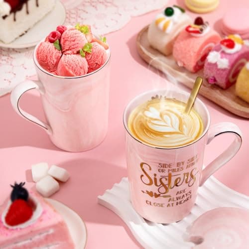 14oz Pink Marble Coffee Mug with Gold Print, Lid, Spoon, Greeting Card and Elegant Gift Box, Present for Big Sister Sister Birthday Gifts for Sister from Brother Sisters, 14oz Sisters Mug B0855VHN6G