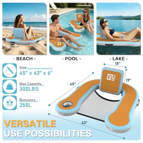 Adults Inflatable Pool Float Chair, Floating Lounger with Cup Holder, 100° Fixed Backrest, Breathable & Sinking Mesh Seat, Inflatable Lounger Float for Swimming Pool/Beach/Lake/Party