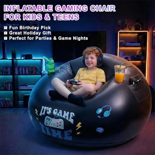 Inflatable Gaming Chair for Kids and Teens with Cup Holders and Side Pocket, Blow Up Bean Bag Gaming Chair for Boys, Comfortable Inflatable Lounge Seat for Gamer Room Decor and Boys Room Furniture
