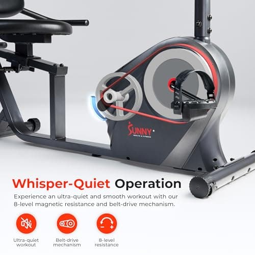Sunny Health & Fitness Smart Heavy-Duty Recumbent Bike w/Wide Cushioned Seat & Back, Indoor Cycling Machine for Adult/Seniors Home Exercise, Free SunnyFit App Connect, Optional Workout Training Bands