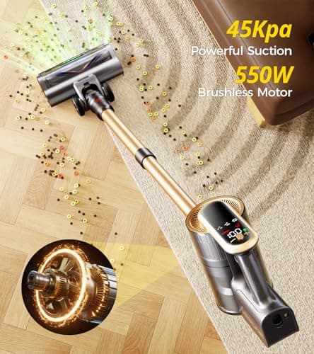 RENDOW Cordless Vacuum Cleaner, 65Mins 550W 45Kpa Stick Vacuum, Self-Standing Vacuum Cleaners for Home with LED Display, Anti-Tangle Rechargeable Vacuum Cordless for Pet Hair/Carpet/Hard Floor