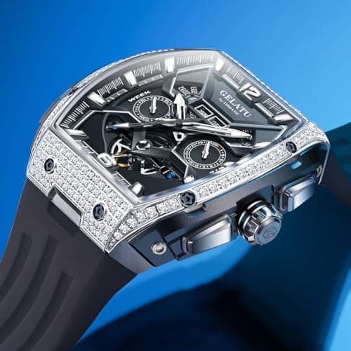 OLEVS GELATU Watch for Men Mechanical Luxury Diamond Watch Skeleton Automatic 50M Waterproof Sapphire Crystal Square Face Multi Calendar Function
