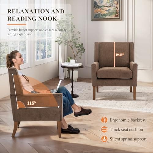 Living Room Chair, Wingback Mid-Century Accent Chair – Comfy Single Sofa with Solid Wood Legs & Velvet-Like Fabric, Oversized Armchair for Living Room/Bedroom/Reading Nook&Lounge