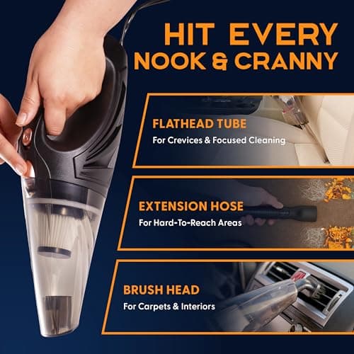 THISWORX Car Vacuum Cleaner - Portable, High Power, Handheld Vacuums w/ 3 Attachments, 16 Ft Cord & Bag - 12v, Auto Accessories Kit for Interior Detailing - Black