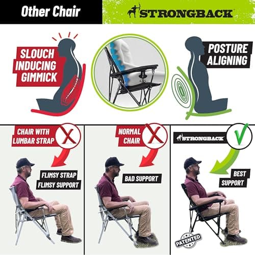 STRONGBACK Elite Folding Camping Lawn Lounge Chair Heavy Duty Camp Outdoor Seat with Lumbar Support and Portable Carry Bag - Black/Grey