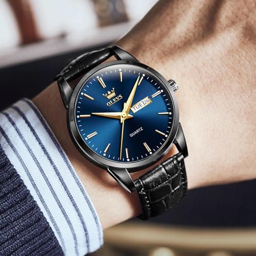 QBAIZI Men's Casual Leather Watch, Easy to Read Three-Hand Analog Stainless Steel Watches for Men, Minimalist Day Date Waterproof Luminous Mens Quartz Wristwatch