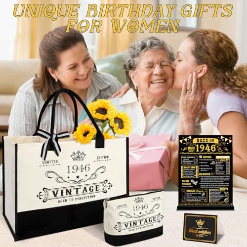 YeohJoy 80th Birthday Gifts for Women Canvas Tote Bag Travel Gear, Unique 80 Years Old Birthday Gifts for Mom Wife Aunt Friends Her, Vintage 1945 Handbag & Cosmetic Bag & Back in 1945 Poster