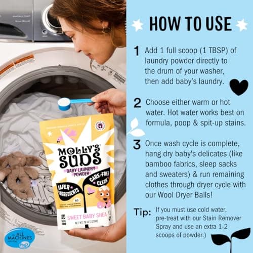 Molly's Suds Baby Laundry Detergent Powder | Removes Formula, Poop & Spit-Up Stains | Extra Gentle for Newborns (Fragrance Free)