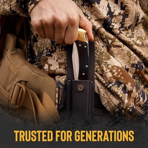 Buck Knives 110 Folding Hunter Knife, 3-3/4" Blade, Lockback Design, Ebony Handle, Brass Bolsters, 420HC Stainless Steel Clip Point Blade, Sheath Included, Hunting Knife Made in the USA, 7.2 oz