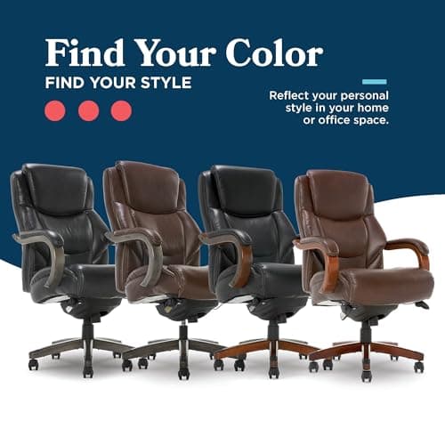 La-Z-Boy Delano Big and Tall Executive Office Chair - Ergonomic Lumbar Support Memory Foam - Bonded Leather Desk Chair for Home Office - Mahogany Wood Arms - Chestnut Brown
