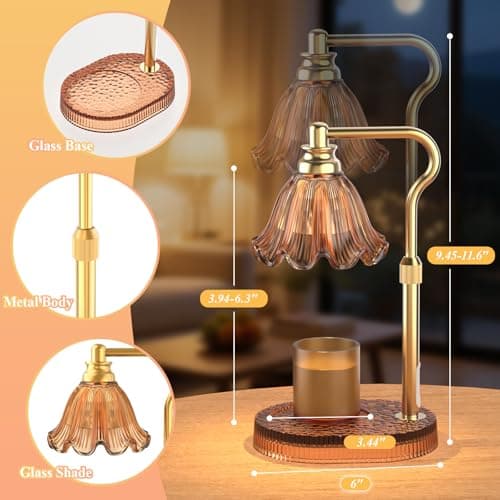 Flameless Electric Wax Warmer for Jar Candles, Includes 2 Bulbs, Brown, Home Decor Gift for Men & Women, Housewarming Flower Candle Warmer Lamp with Timer & 4-Level Dimmer, Adjustable Height B0F47HJQKV