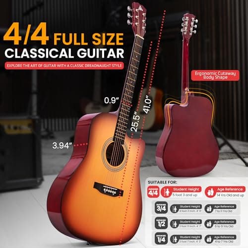 Pyle Steel String Acoustic Guitar Kit, 4/4 Full Size Cutaway All-Wood Guitarra Acustica with Premium Accessory Set and Upgraded Gig Bag, 41" Cherry Burst Glossy