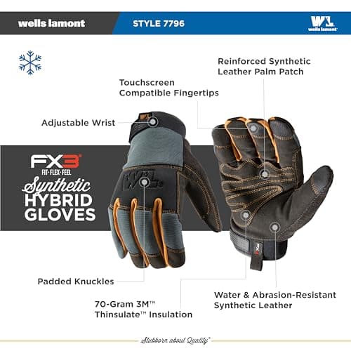 Wells Lamont FX3 Men's Extreme Dexterity Extra Wear Winter Work Gloves, Gray Large 7796
