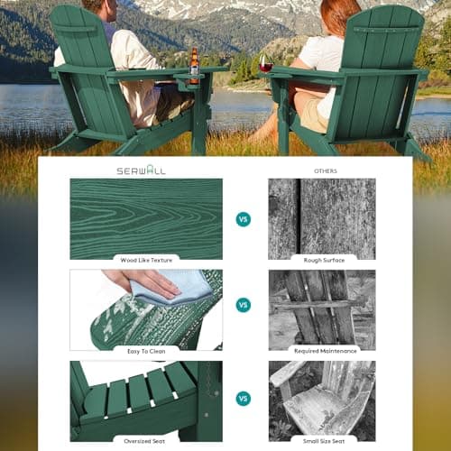 SERWALL Adirondack Chair with Cup Holders - Composite Adirondack Chairs Set of 4 HDPE Outdoor Chairs All Weather Use- Green